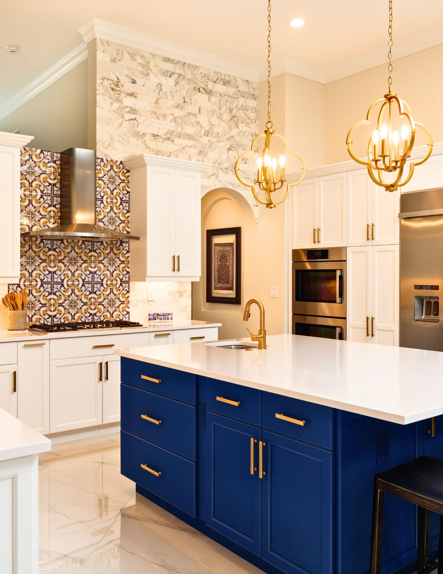 Luxury Kitchen with island, gold renderings