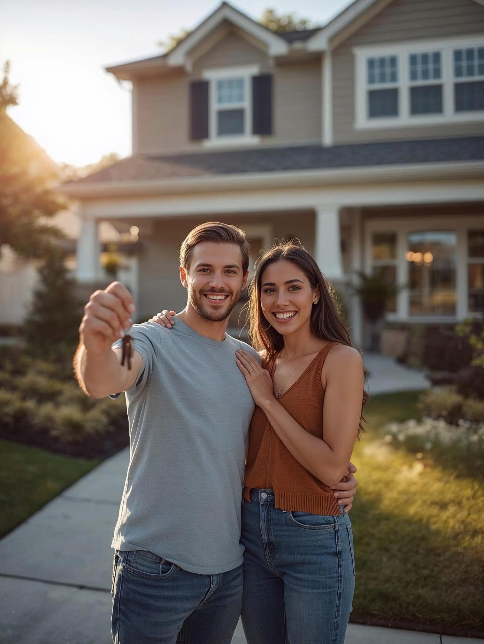 Blurred house background image with a man an a women standing in front hugging holding up a set of keys