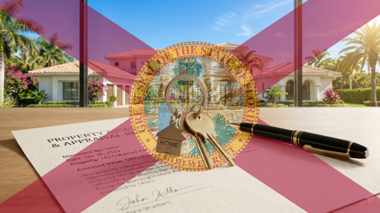 Florida style house on a lush grassy property with Florida state flag overlay on top of document with a pen and set of keys.